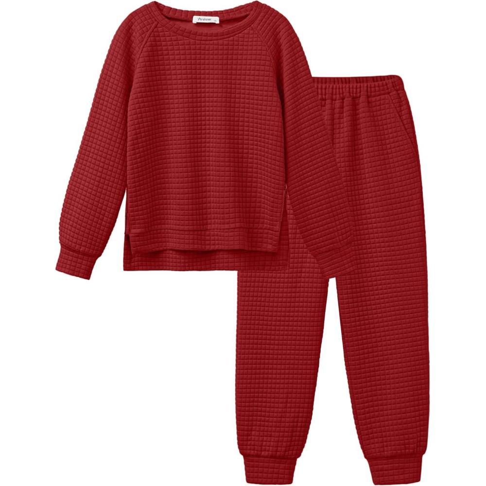imageArshiner Girls 2 Piece Tracksuit Set Long Sleeve Grid Pullover Top with Jogger Pants Kids Outfits for 514 YearsNewred