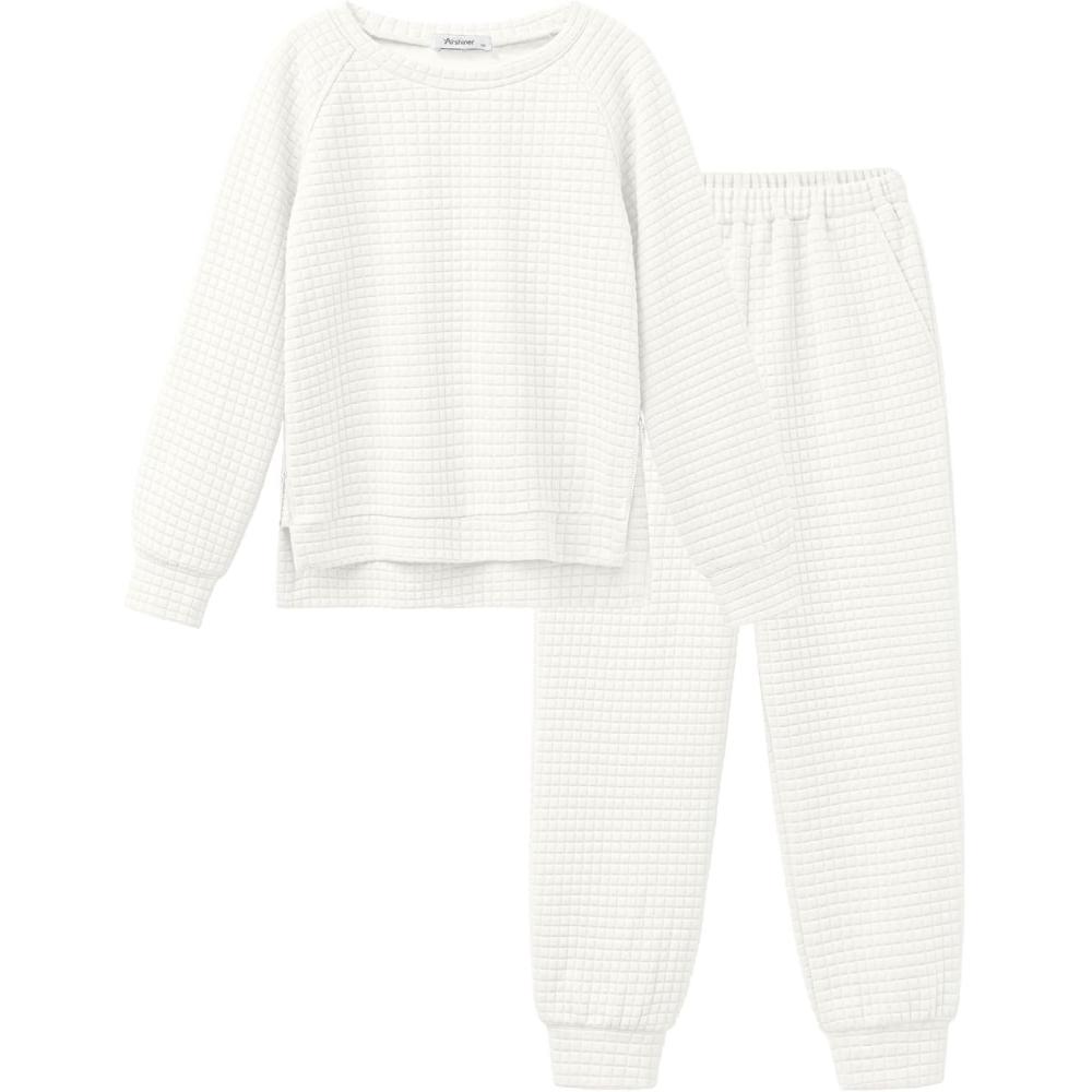 imageArshiner Girls 2 Piece Tracksuit Set Long Sleeve Grid Pullover Top with Jogger Pants Kids Outfits for 514 YearsNewwhite