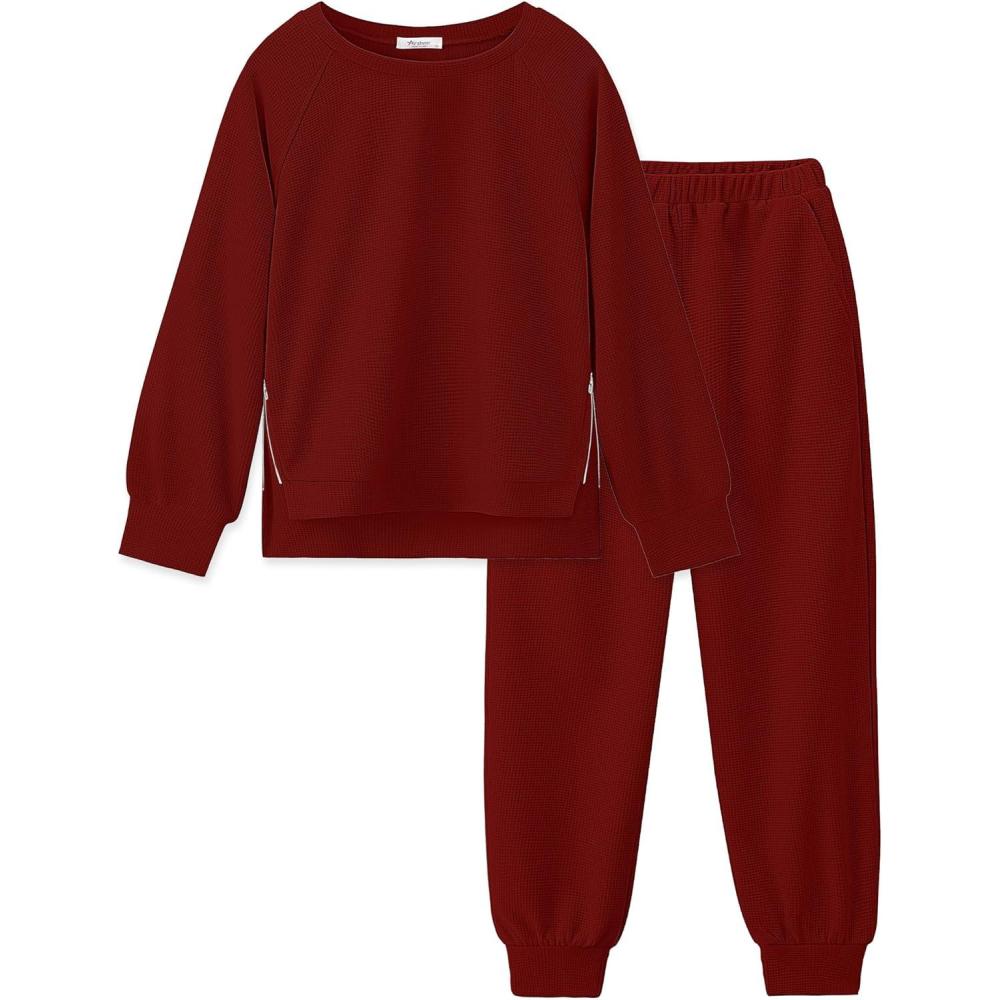 imageArshiner Girls 2 Piece Tracksuit Set Long Sleeve Grid Pullover Top with Jogger Pants Kids Outfits for 514 YearsWine Red