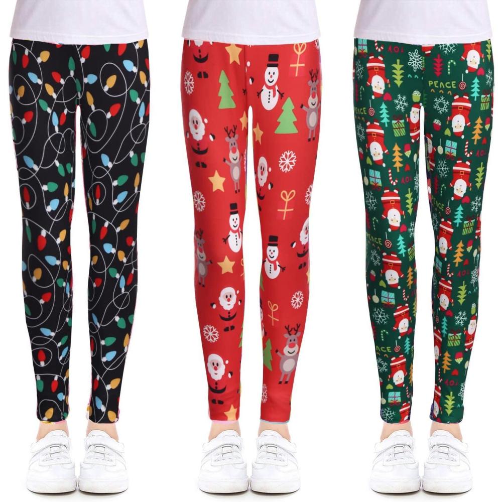imageArshiner Girls Ankle Length Leggings 3Pack Printing Flower Kids Classic Stretch Pants 414YChristmas Tree Bulb Snowman