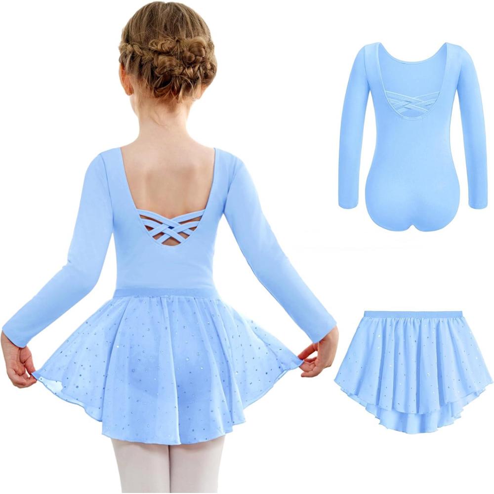 imageArshiner Girls Ballet Leotards with Chiffon Dance Skirt Long Sleeve Crisscross Back Toddler Dance Outfit ComboBlue