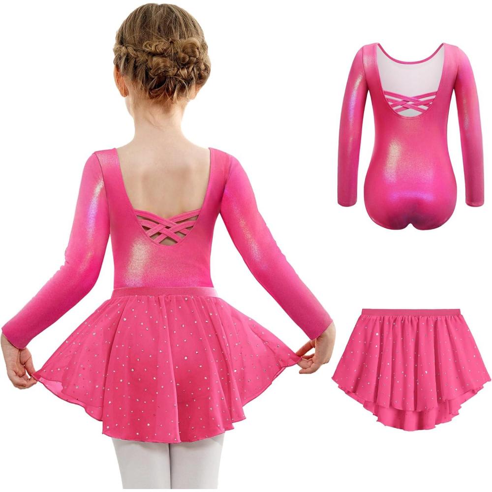 imageArshiner Girls Ballet Leotards with Chiffon Dance Skirt Long Sleeve Crisscross Back Toddler Dance Outfit ComboHot Pink