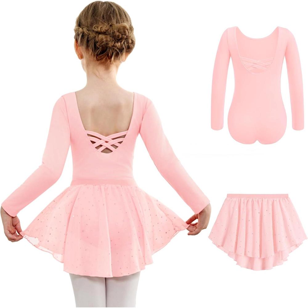 imageArshiner Girls Ballet Leotards with Chiffon Dance Skirt Long Sleeve Crisscross Back Toddler Dance Outfit ComboPink