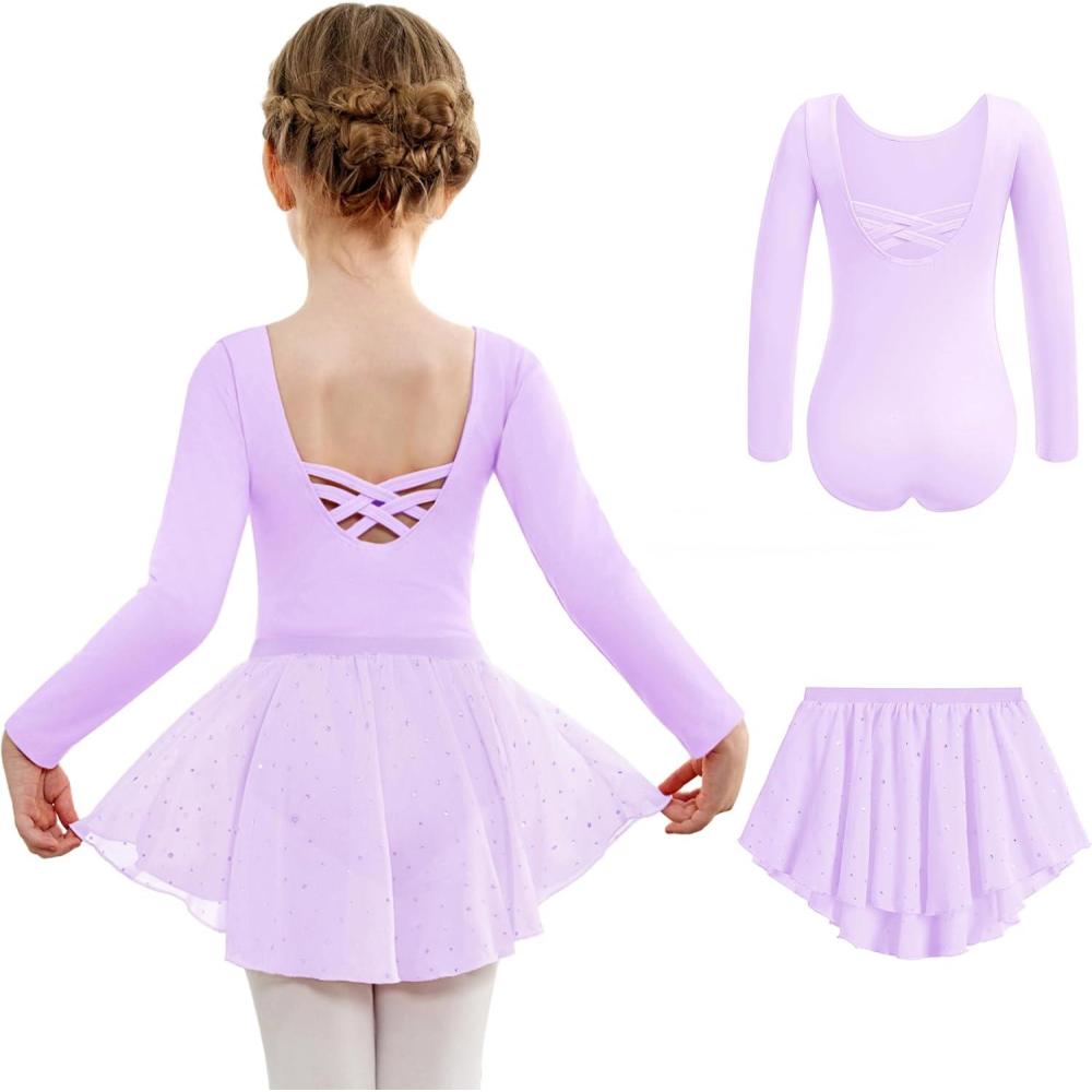 imageArshiner Girls Ballet Leotards with Chiffon Dance Skirt Long Sleeve Crisscross Back Toddler Dance Outfit ComboPurple