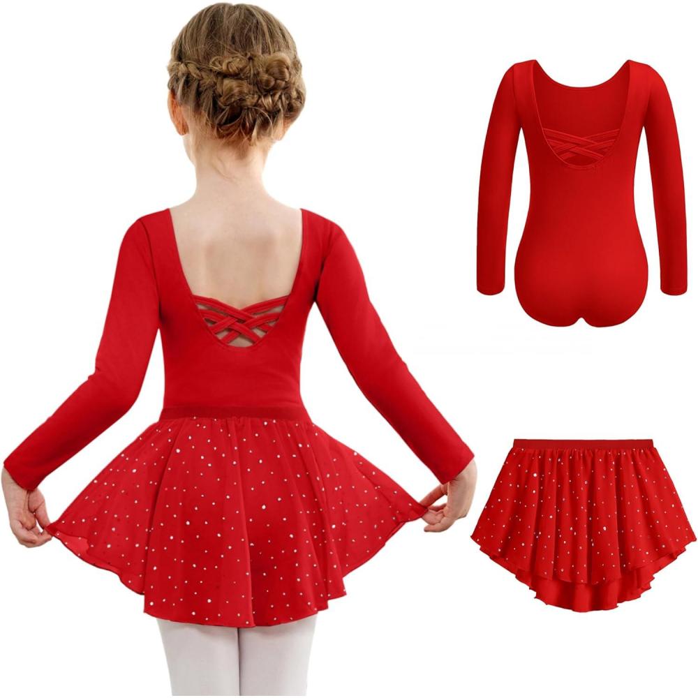 imageArshiner Girls Ballet Leotards with Chiffon Dance Skirt Long Sleeve Crisscross Back Toddler Dance Outfit ComboRed