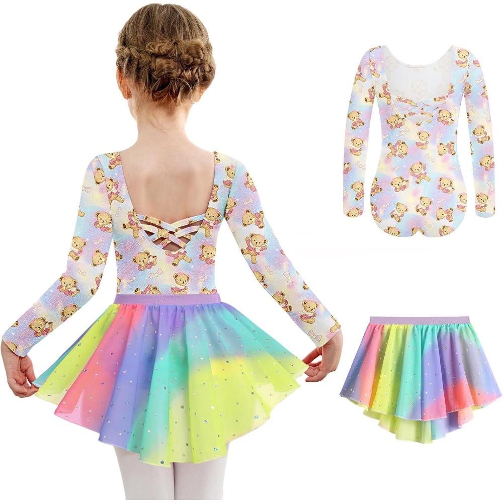 imageArshiner Girls Ballet Leotards with Chiffon Dance Skirt Long Sleeve Crisscross Back Toddler Dance Outfit ComboTeddyfriends