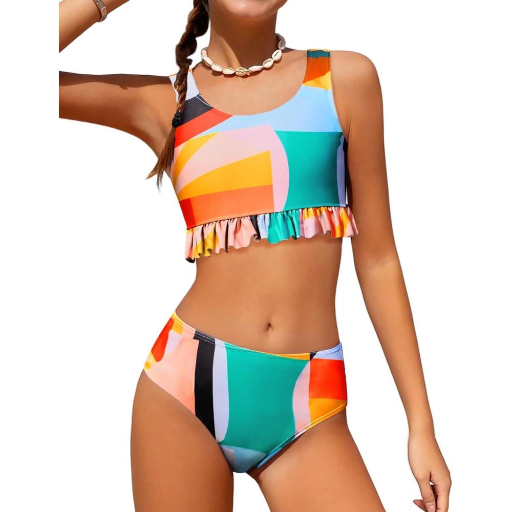 imageArshiner Girls Bikini Beach Swimwear 2 Piece Swimsuits Floral Printing Bathing Suits for 415 YearsGeo Pattern