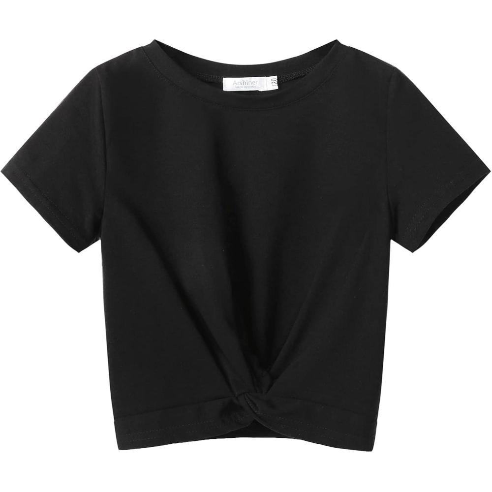 imageArshiner Girls Casual Tie Dye ShortSleeve TShirt Cute Print Summer Blouse for Girls Twist Front Tunic Tee TopsBlack