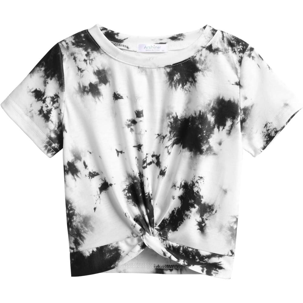imageArshiner Girls Casual Tie Dye ShortSleeve TShirt Cute Print Summer Blouse for Girls Twist Front Tunic Tee TopsBlackWhite Tie Dye