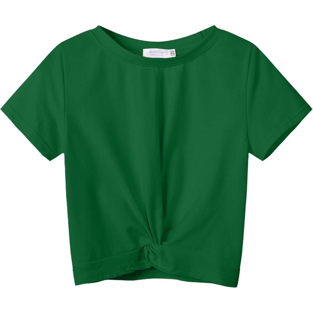 imageArshiner Girls Casual Tie Dye ShortSleeve TShirt Cute Print Summer Blouse for Girls Twist Front Tunic Tee TopsForest Green