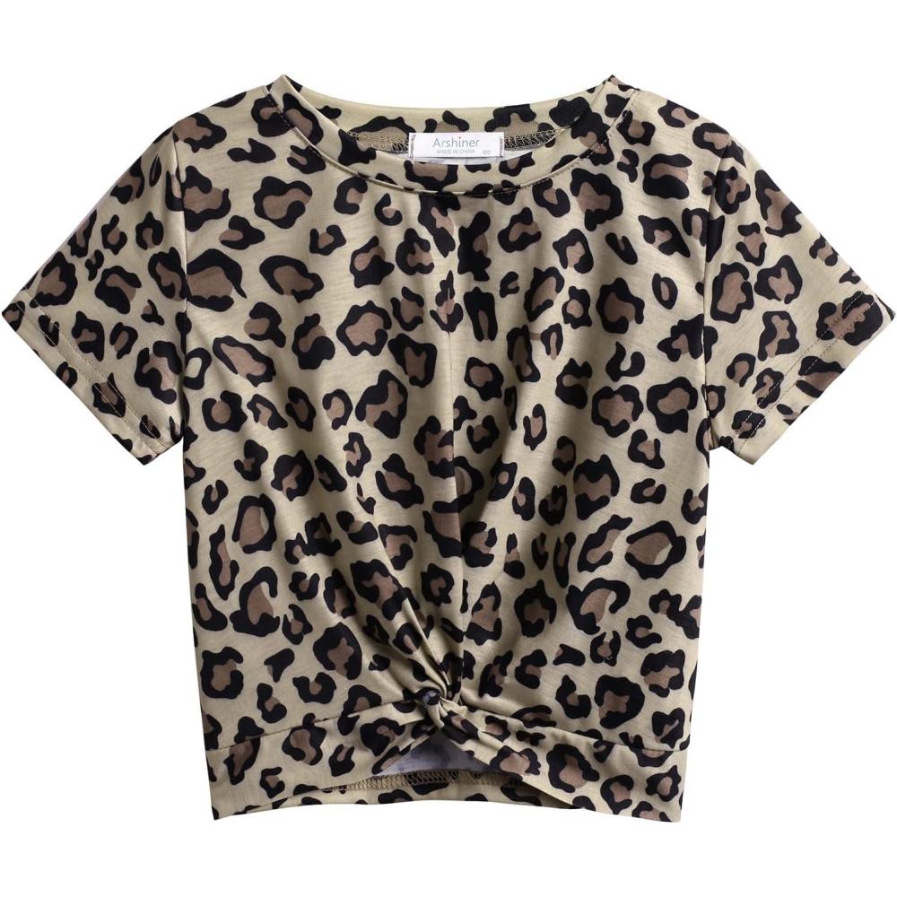 imageArshiner Girls Casual Tie Dye ShortSleeve TShirt Cute Print Summer Blouse for Girls Twist Front Tunic Tee TopsLeopard Print