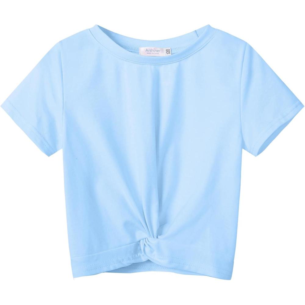 imageArshiner Girls Casual Tie Dye ShortSleeve TShirt Cute Print Summer Blouse for Girls Twist Front Tunic Tee TopsLight Blue