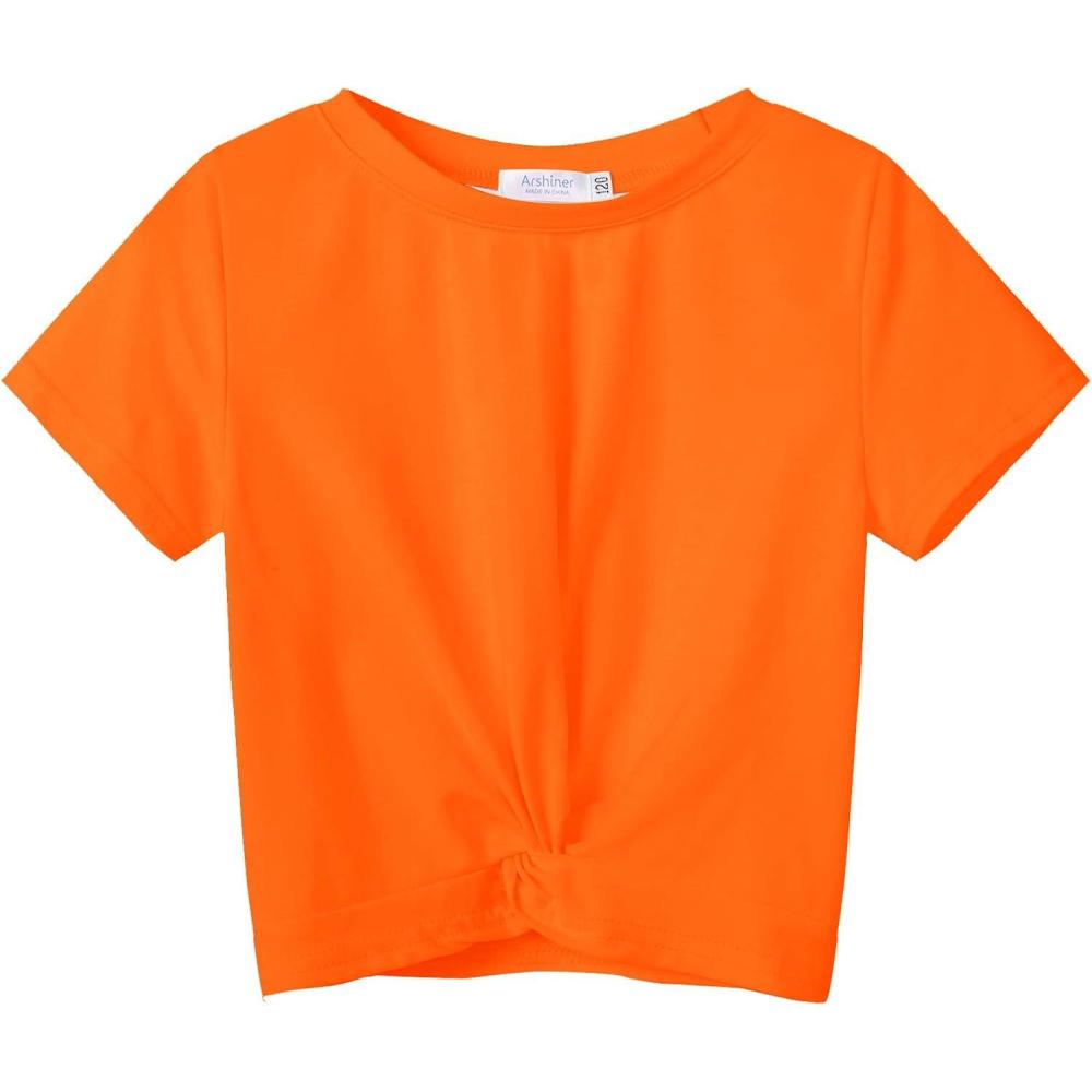 imageArshiner Girls Casual Tie Dye ShortSleeve TShirt Cute Print Summer Blouse for Girls Twist Front Tunic Tee TopsOrange