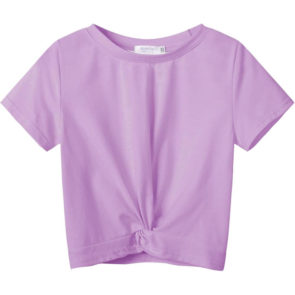 imageArshiner Girls Casual Tie Dye ShortSleeve TShirt Cute Print Summer Blouse for Girls Twist Front Tunic Tee TopsPurple