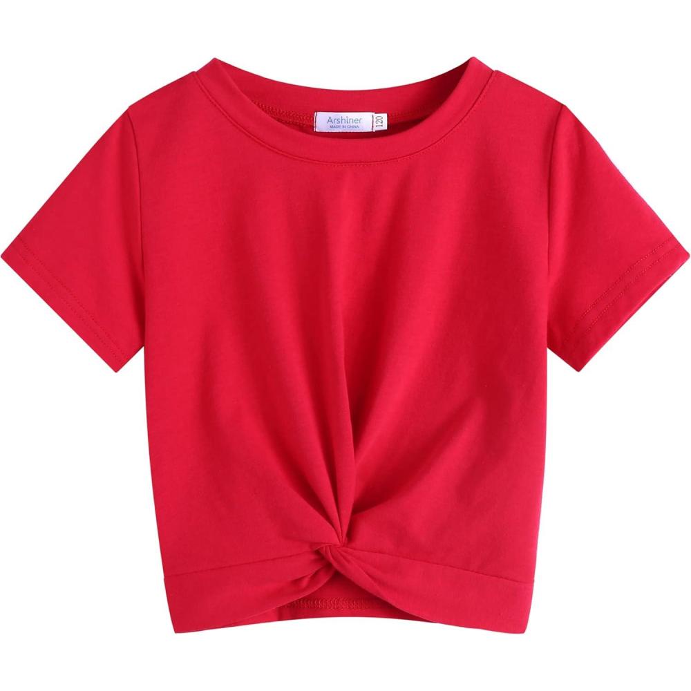 imageArshiner Girls Casual Tie Dye ShortSleeve TShirt Cute Print Summer Blouse for Girls Twist Front Tunic Tee TopsRed