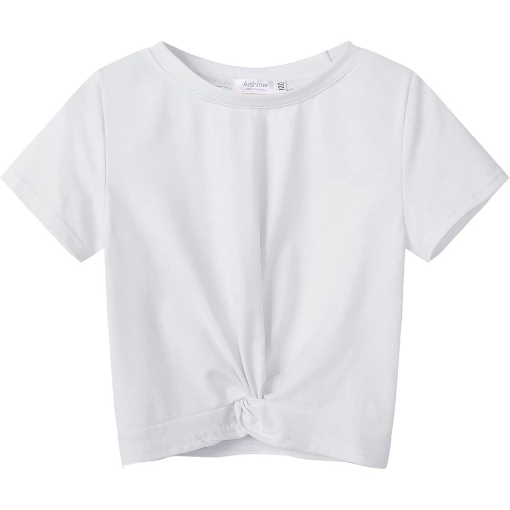 imageArshiner Girls Casual Tie Dye ShortSleeve TShirt Cute Print Summer Blouse for Girls Twist Front Tunic Tee TopsWhite