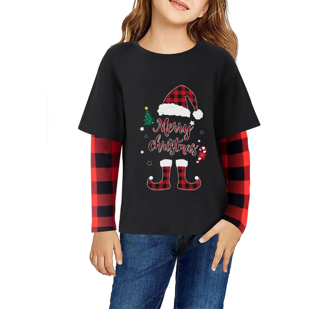 imageArshiner Girls Christmas Halloween Long Sleeve Shirts Graphic Stripe Plaid Patchwork Top TeeChristmas Black Elf