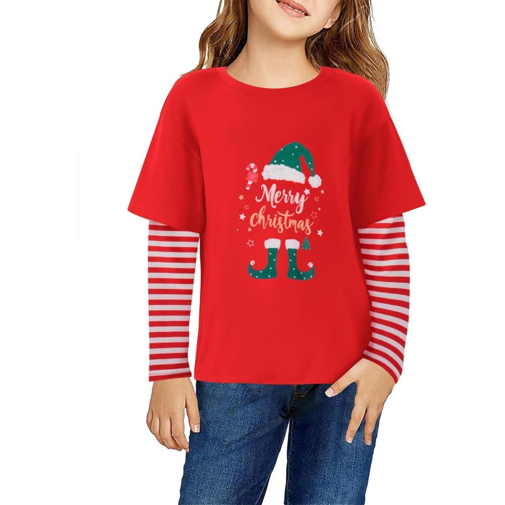 imageArshiner Girls Christmas Halloween Long Sleeve Shirts Graphic Stripe Plaid Patchwork Top TeeChristmas Red Elf