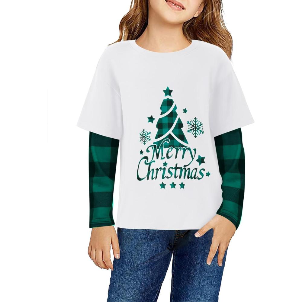 imageArshiner Girls Christmas Halloween Long Sleeve Shirts Graphic Stripe Plaid Patchwork Top TeeChristmas Whitegreen