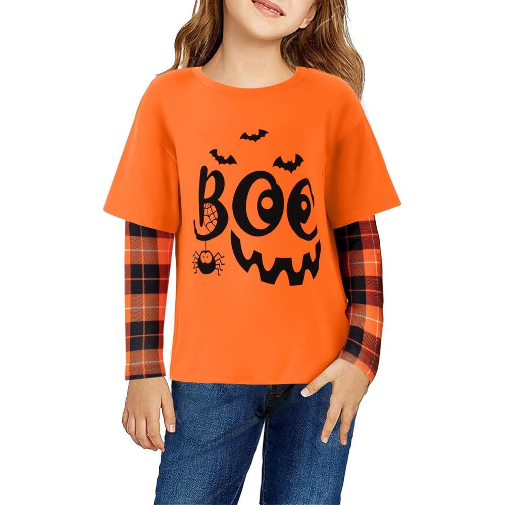 imageArshiner Girls Christmas Halloween Long Sleeve Shirts Graphic Stripe Plaid Patchwork Top TeeHalloween Boo
