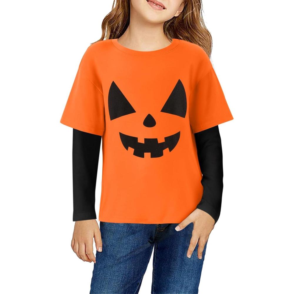 imageArshiner Girls Christmas Halloween Long Sleeve Shirts Graphic Stripe Plaid Patchwork Top TeeHalloween Pumpkin