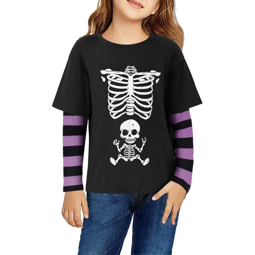 imageArshiner Girls Christmas Halloween Long Sleeve Shirts Graphic Stripe Plaid Patchwork Top TeeHalloween Skeleton