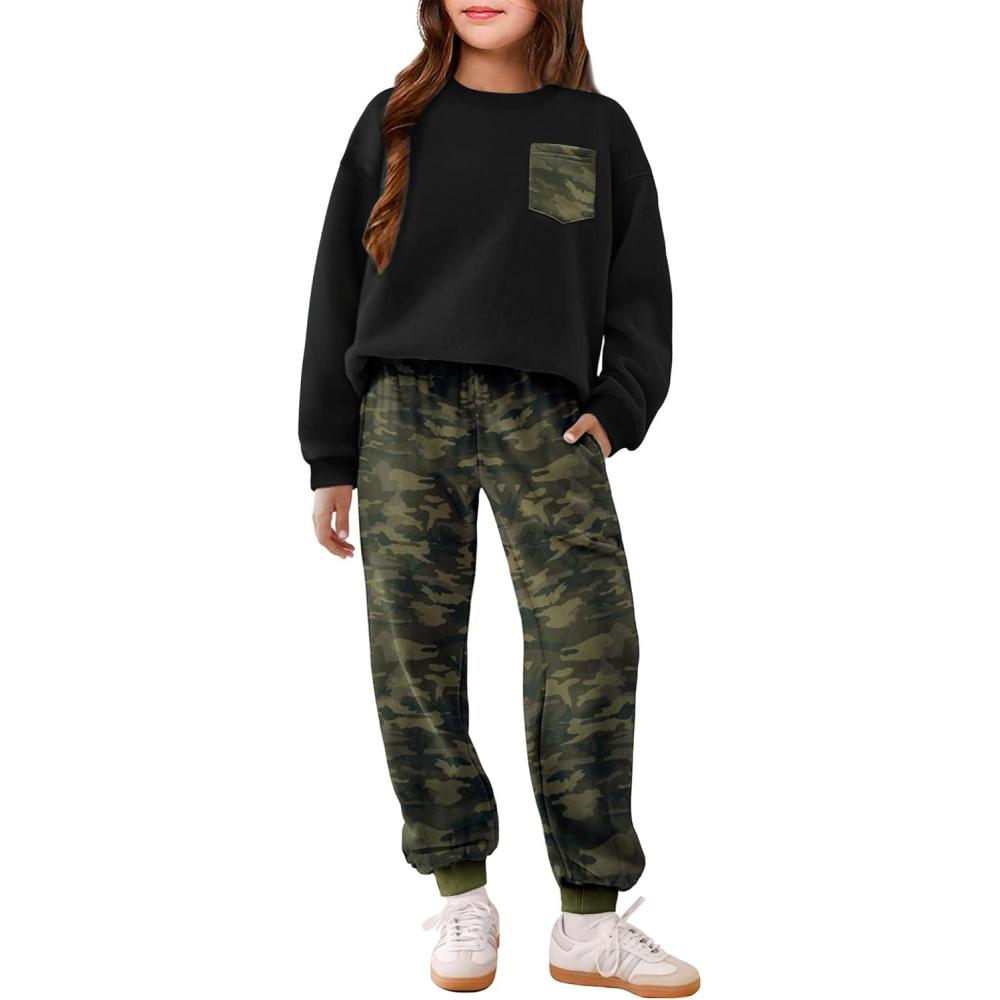 imageArshiner Girls Clothes 2 Piece Fashion Fall Outfits Oversize Pullover Sweatshirt and Sweatpant Sweatsuit Sets with PocketsBlack Camouflage