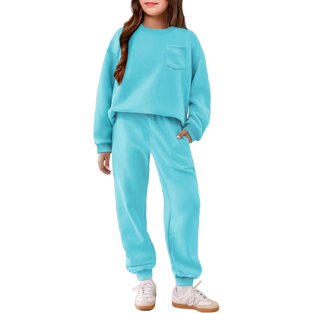 imageArshiner Girls Clothes 2 Piece Fashion Fall Outfits Oversize Pullover Sweatshirt and Sweatpant Sweatsuit Sets with PocketsLight Blue