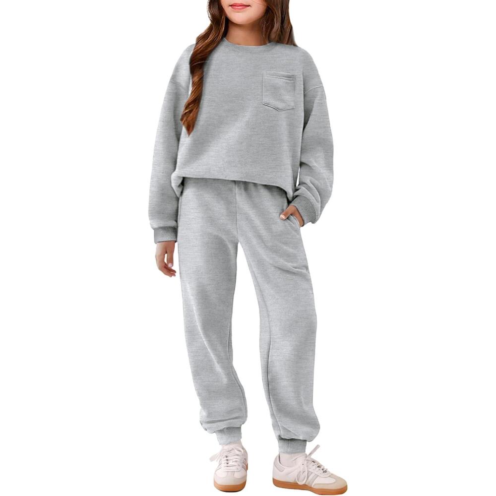 imageArshiner Girls Clothes 2 Piece Fashion Fall Outfits Oversize Pullover Sweatshirt and Sweatpant Sweatsuit Sets with PocketsLight Gray