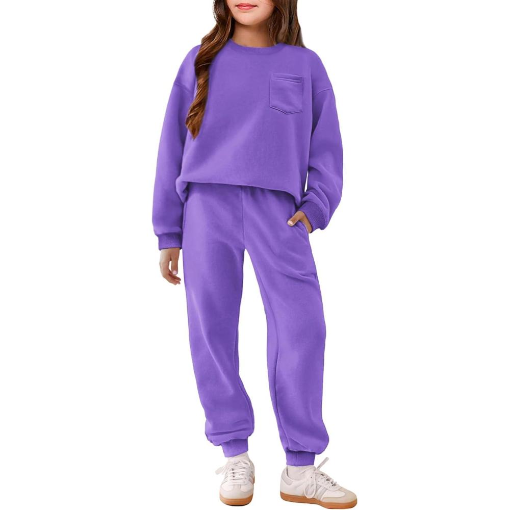 imageArshiner Girls Clothes 2 Piece Fashion Fall Outfits Oversize Pullover Sweatshirt and Sweatpant Sweatsuit Sets with PocketsLight Purple