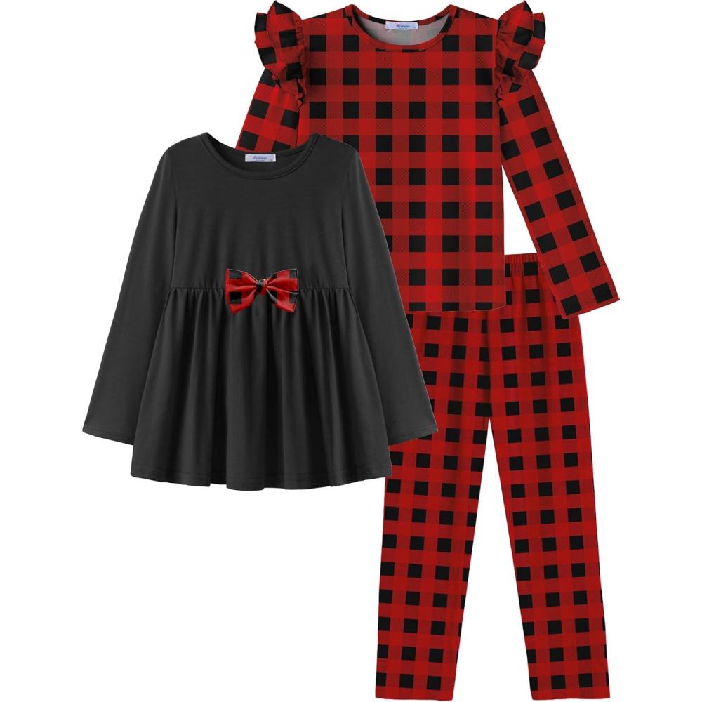 imageArshiner Girls Clothes 3 Piece Set Ruffle Shirt Long Sleeve Bowknot Top and Floral Leggings Sets for 210 YearsBlack red Plaid