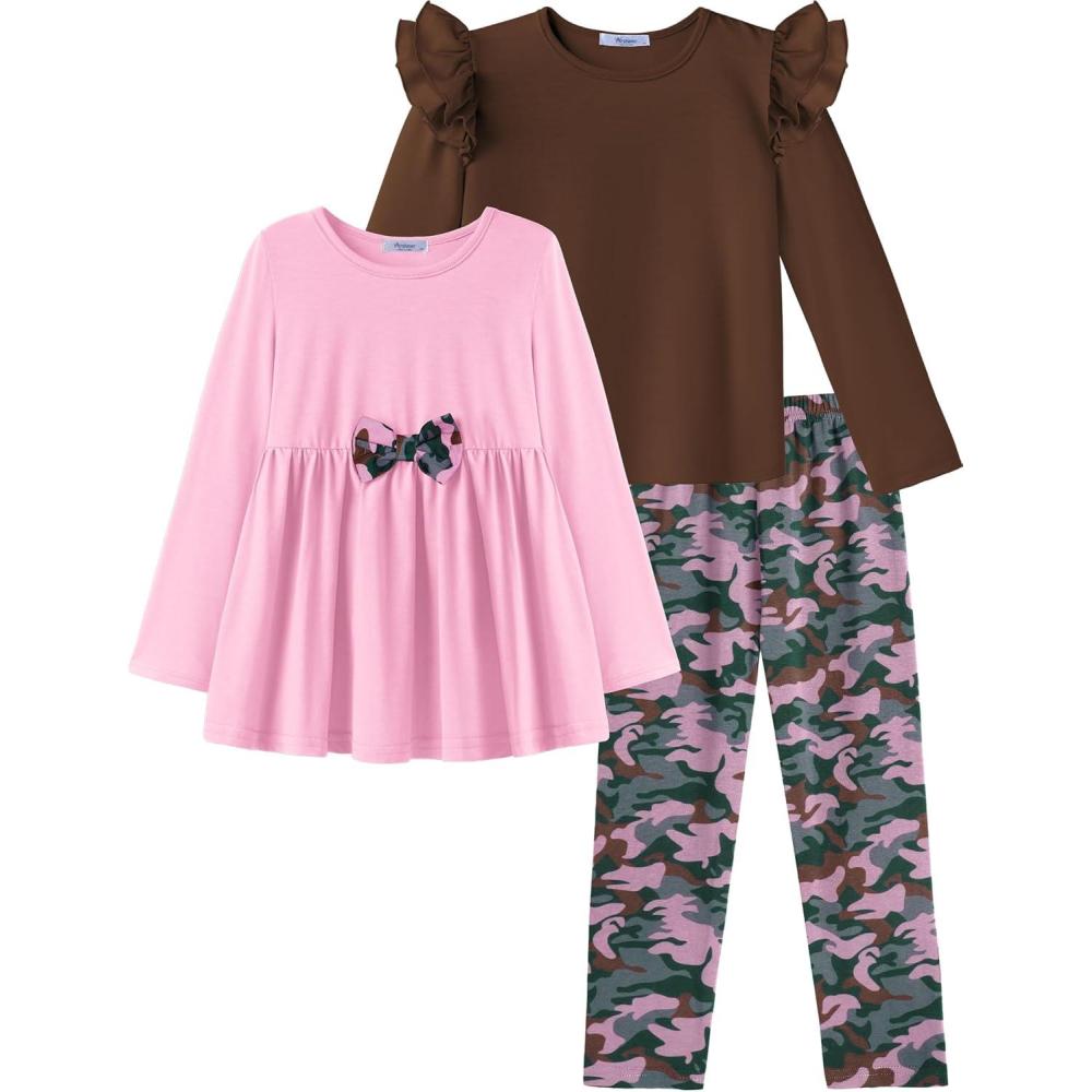 imageArshiner Girls Clothes 3 Piece Set Ruffle Shirt Long Sleeve Bowknot Top and Floral Leggings Sets for 210 YearsBrown pink