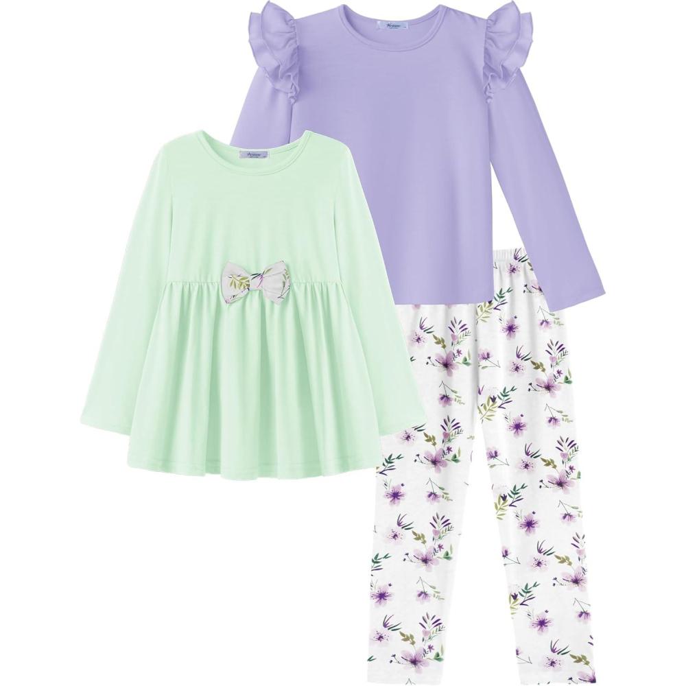 imageArshiner Girls Clothes 3 Piece Set Ruffle Shirt Long Sleeve Bowknot Top and Floral Leggings Sets for 210 YearsLight Green lilac