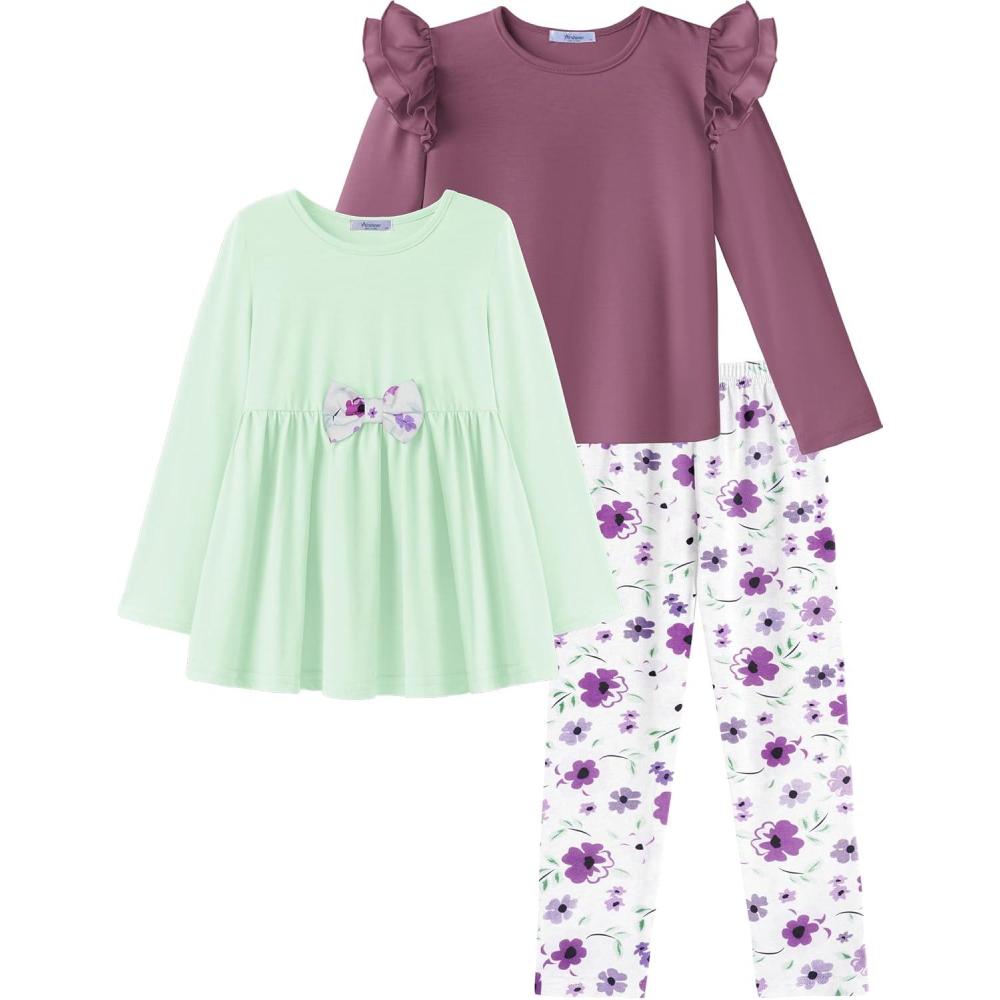 imageArshiner Girls Clothes 3 Piece Set Ruffle Shirt Long Sleeve Bowknot Top and Floral Leggings Sets for 210 YearsLight Green purple