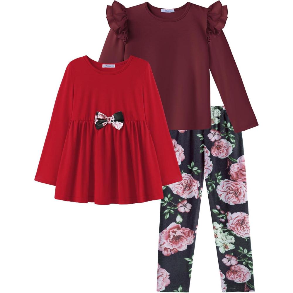 imageArshiner Girls Clothes 3 Piece Set Ruffle Shirt Long Sleeve Bowknot Top and Floral Leggings Sets for 210 YearsRed