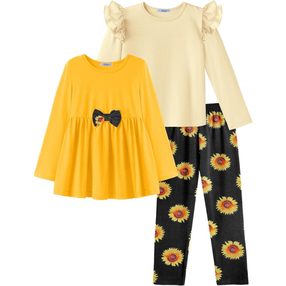 imageArshiner Girls Clothes 3 Piece Set Ruffle Shirt Long Sleeve Bowknot Top and Floral Leggings Sets for 210 YearsYellow beige