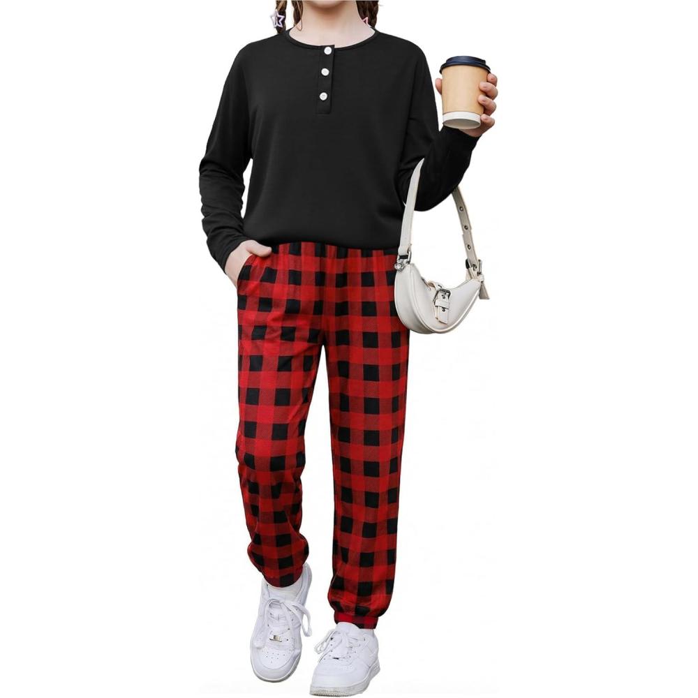 imageArshiner Girls Clothes Crew Neck Long Sleeve Tops and Pants Set with Pockets Fall Outfits 513 YearsBlack  Red Plaid