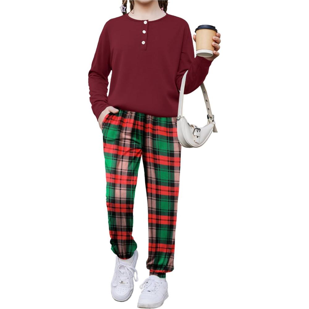 imageArshiner Girls Clothes Crew Neck Long Sleeve Tops and Pants Set with Pockets Fall Outfits 513 YearsRed  Green Plaid