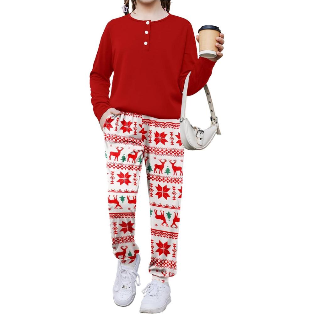 imageArshiner Girls Clothes Crew Neck Long Sleeve Tops and Pants Set with Pockets Fall Outfits 513 YearsRed Elk