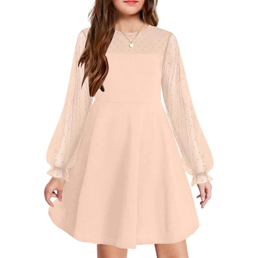 imageArshiner Girls Contrast Mesh Puff Long Sleeve High Waist A Line Short Dress with Pockets for 613 YearsApricot
