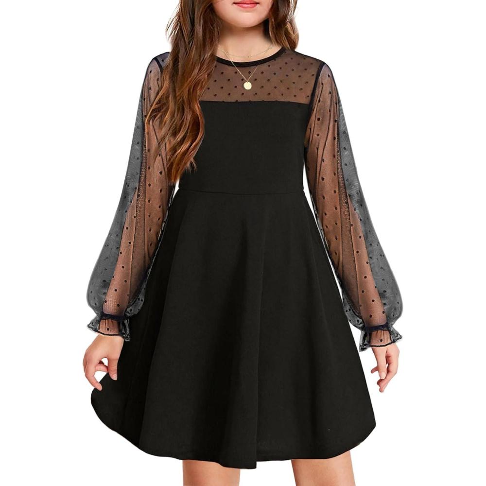 imageArshiner Girls Contrast Mesh Puff Long Sleeve High Waist A Line Short Dress with Pockets for 613 YearsBlack