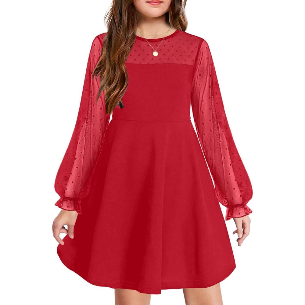 imageArshiner Girls Contrast Mesh Puff Long Sleeve High Waist A Line Short Dress with Pockets for 613 YearsBright Red
