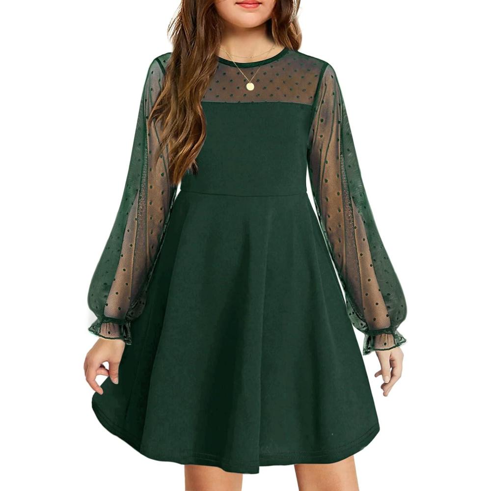 imageArshiner Girls Contrast Mesh Puff Long Sleeve High Waist A Line Short Dress with Pockets for 613 YearsGreen
