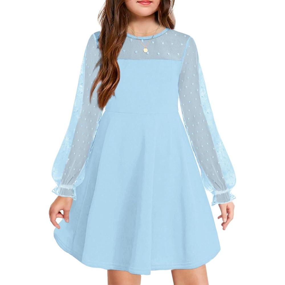 imageArshiner Girls Contrast Mesh Puff Long Sleeve High Waist A Line Short Dress with Pockets for 613 YearsLight Blue