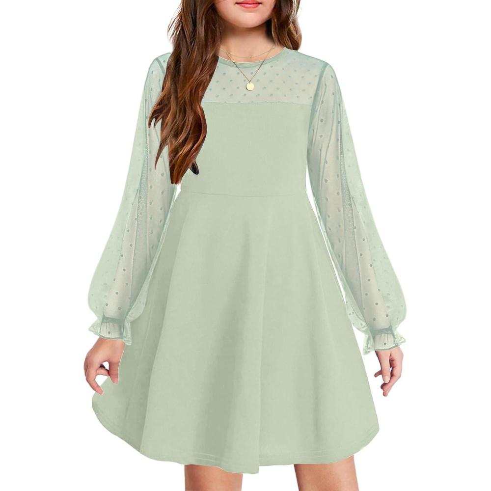 imageArshiner Girls Contrast Mesh Puff Long Sleeve High Waist A Line Short Dress with Pockets for 613 YearsLight Green