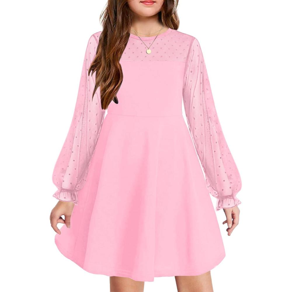 imageArshiner Girls Contrast Mesh Puff Long Sleeve High Waist A Line Short Dress with Pockets for 613 YearsLight Pink