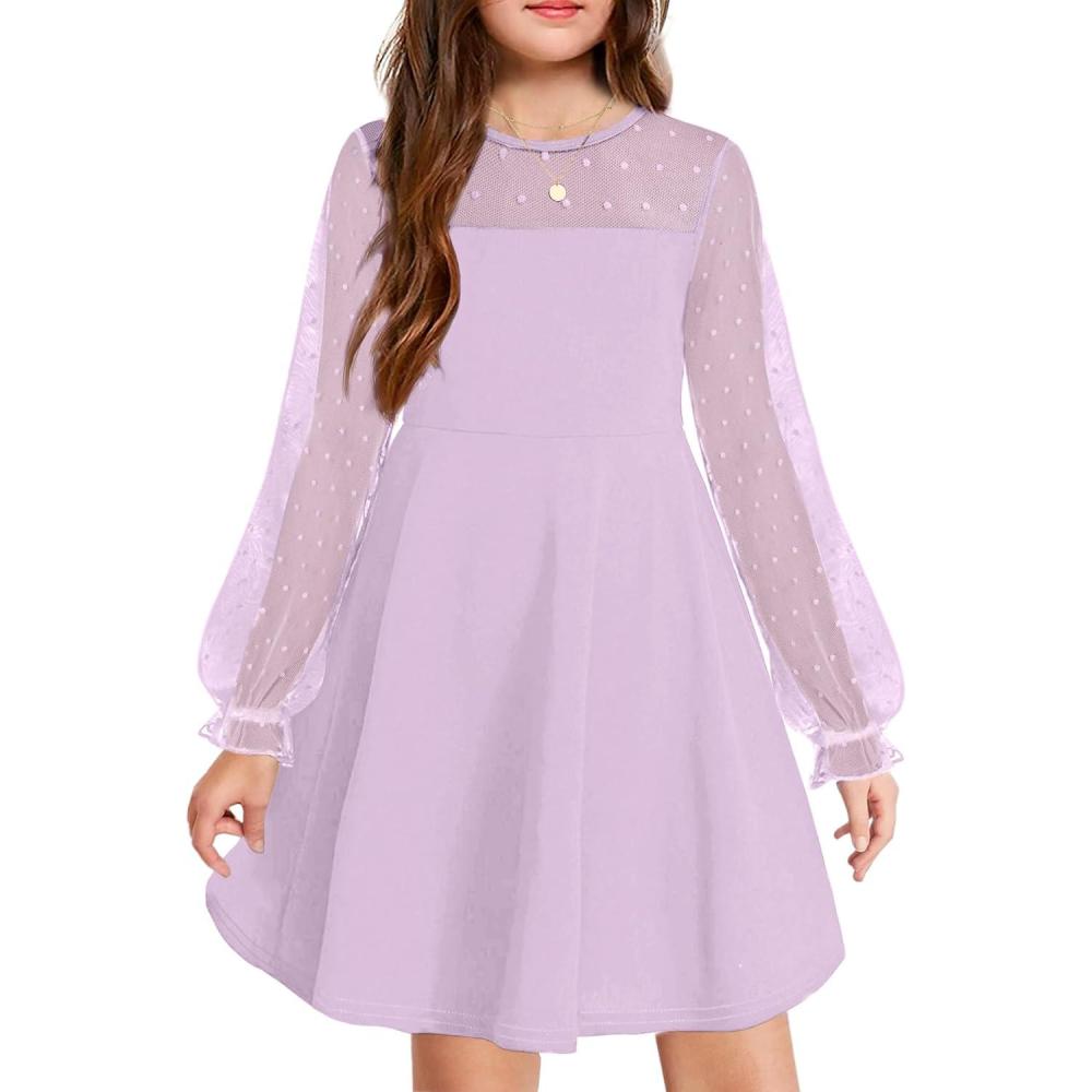 imageArshiner Girls Contrast Mesh Puff Long Sleeve High Waist A Line Short Dress with Pockets for 613 YearsLight Purple