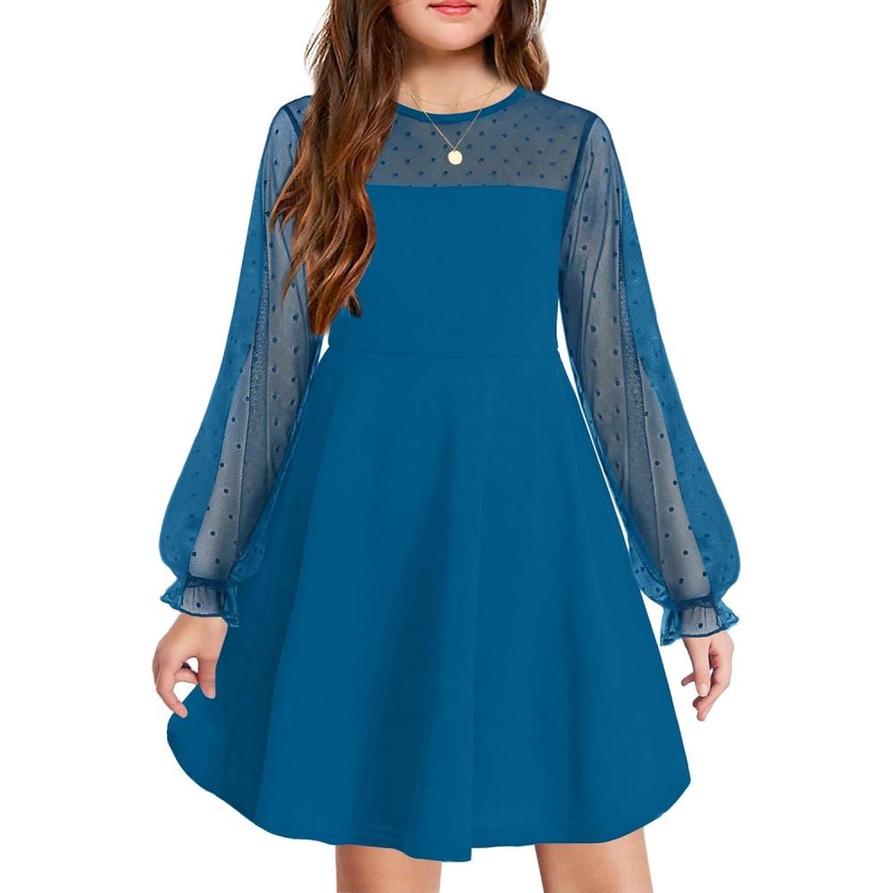imageArshiner Girls Contrast Mesh Puff Long Sleeve High Waist A Line Short Dress with Pockets for 613 YearsPeacock Blue