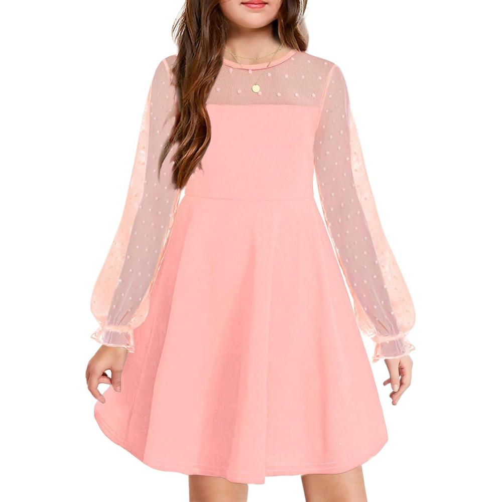 imageArshiner Girls Contrast Mesh Puff Long Sleeve High Waist A Line Short Dress with Pockets for 613 YearsPink