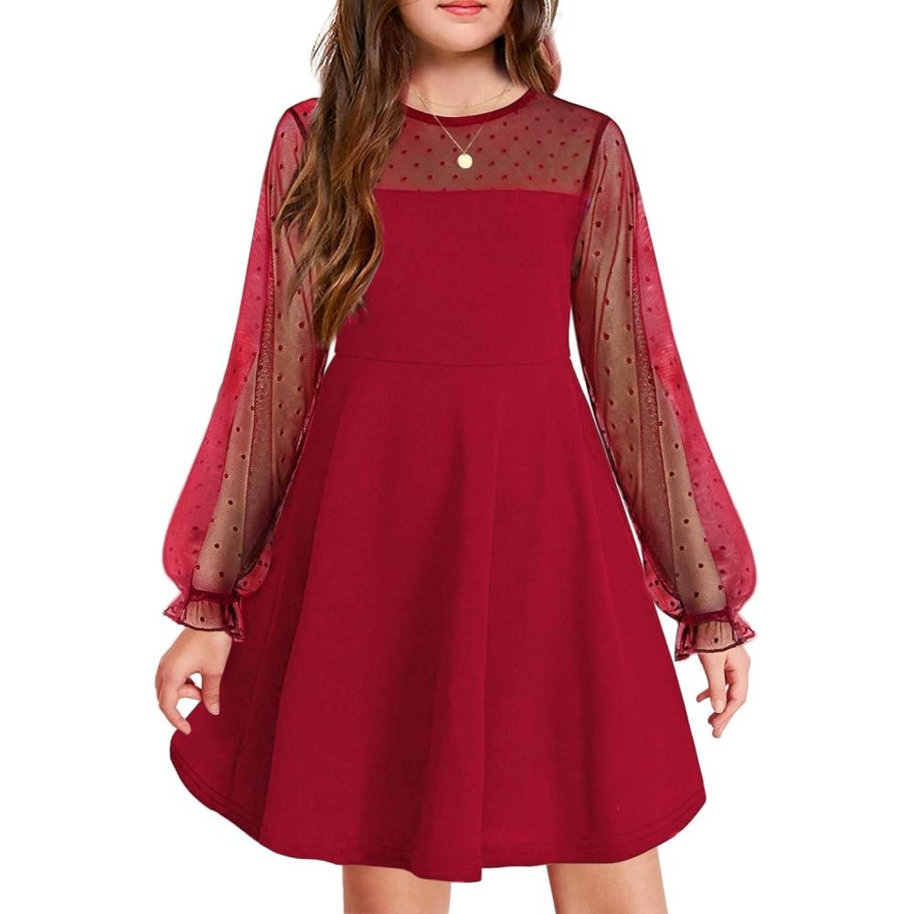 imageArshiner Girls Contrast Mesh Puff Long Sleeve High Waist A Line Short Dress with Pockets for 613 YearsRed